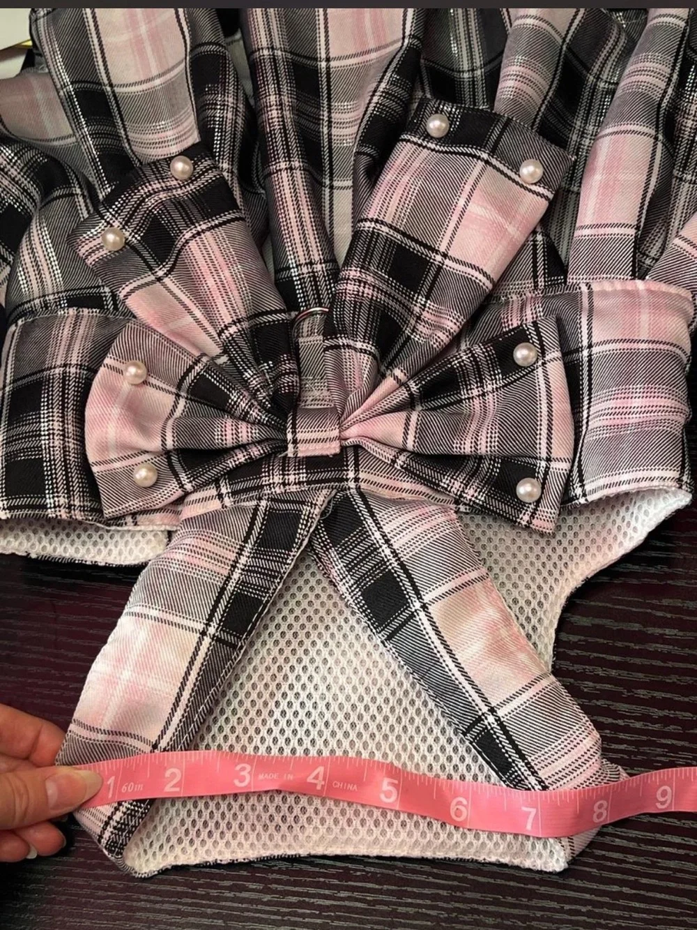 Pink & Black Plaid Pet Harness Dress with Pearl Accents & Matching Leash / Bow